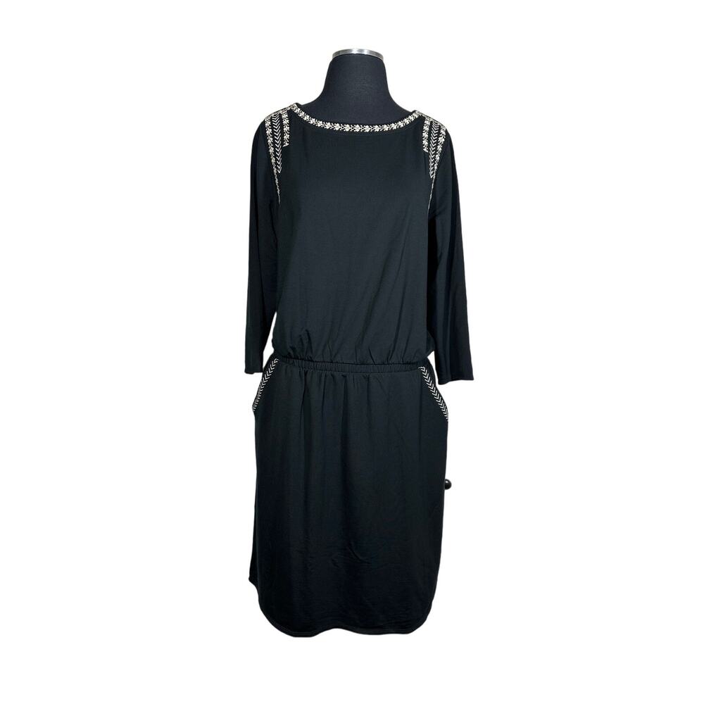 Garnet Hill Embroidered Pocket-Detail Knit Dress Black 3/4 Sleeves Relaxed Sz L